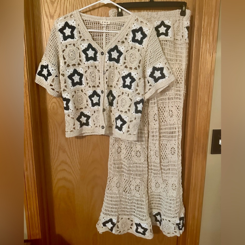 Handmade Crochet Star Button Cardigan and Pants Set - Cream with Black Stars